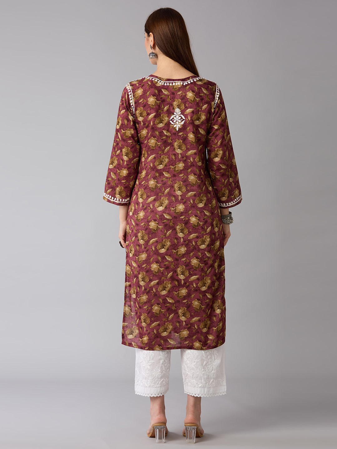 Lucknow Chikankari Hand Embroidered Long Kurta Mulmul - Indiankala4u