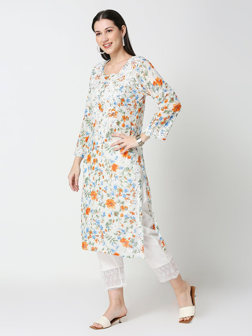 Lucknow Chikankari Hand Embroidered Long Kurta Mulmul - Indiankala4u