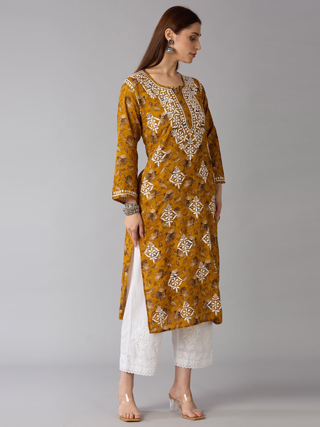 Lucknow Chikankari Hand Embroidered Long Kurta Mulmul - Indiankala4u