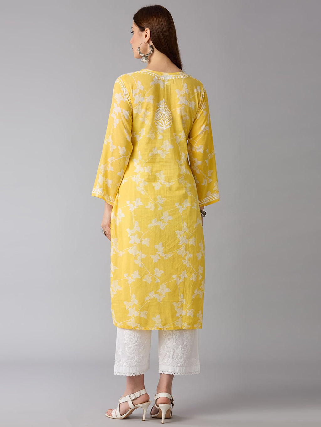 Lucknow Chikankari Hand Embroidered Long Kurta Mulmul - Indiankala4u