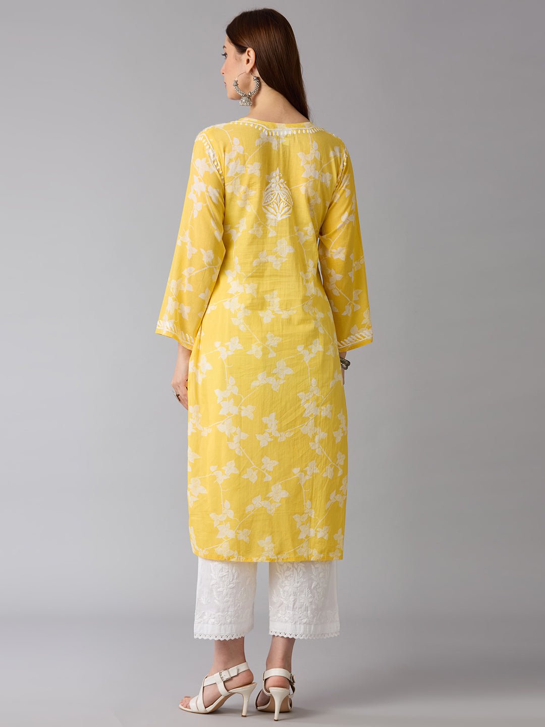 Lucknow Chikankari Hand Embroidered Long Kurta Mulmul - Indiankala4u