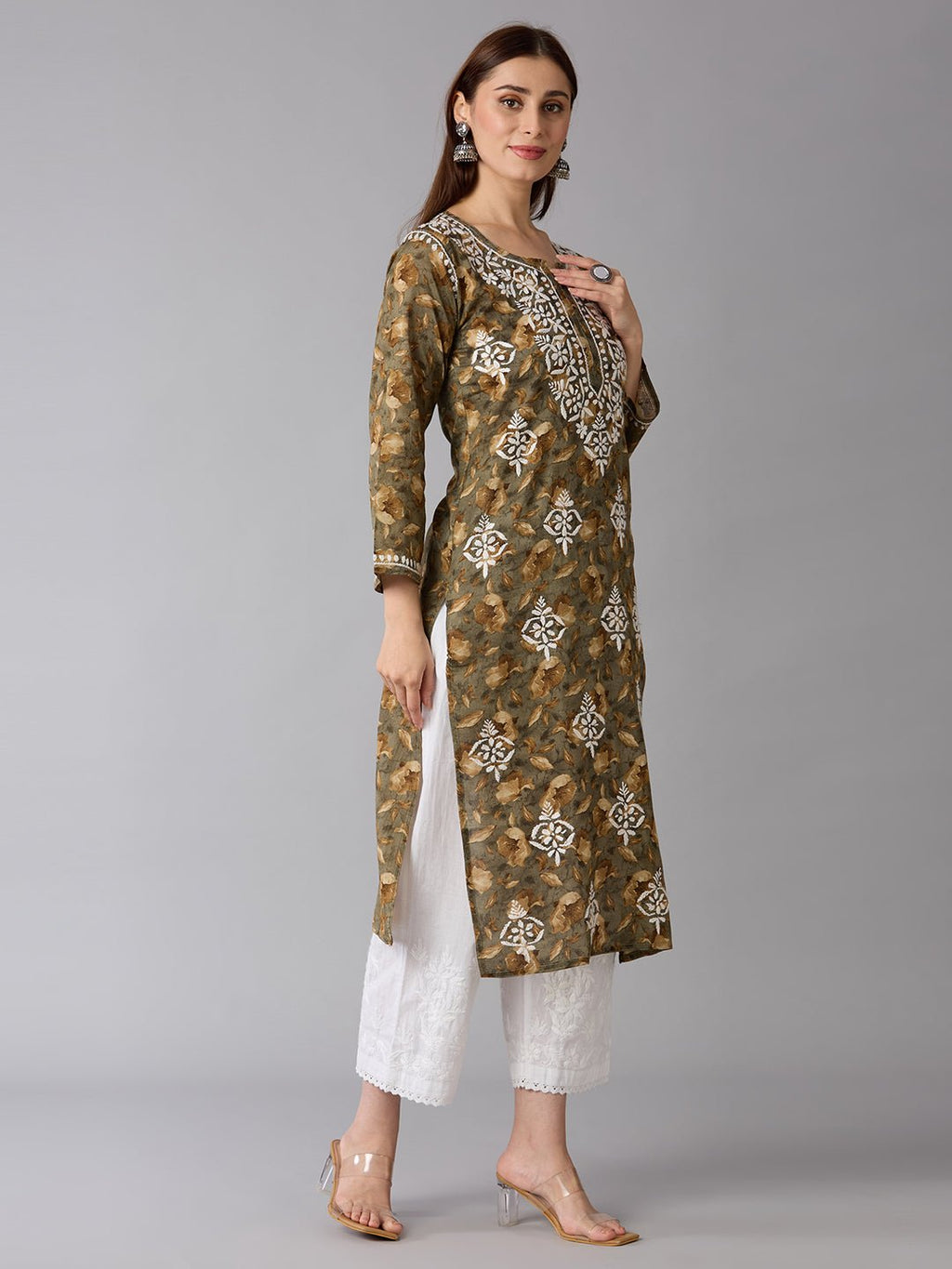 Lucknow Chikankari Hand Embroidered Long Kurta Mulmul - Indiankala4u