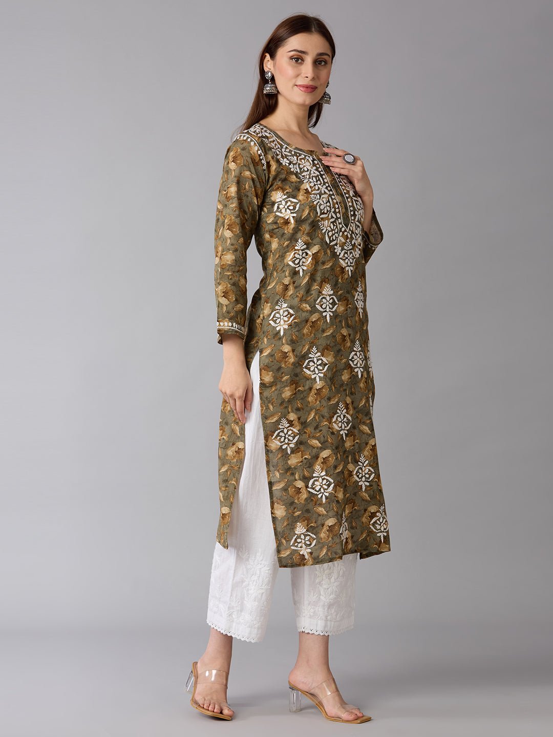 Lucknow Chikankari Hand Embroidered Long Kurta Mulmul - Indiankala4u