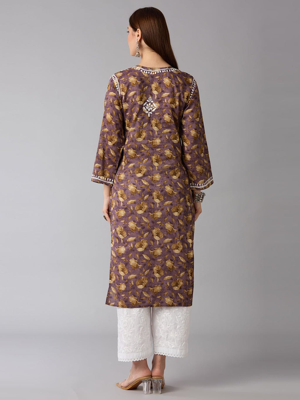 Lucknow Chikankari Hand Embroidered Long Kurta Mulmul - Indiankala4u