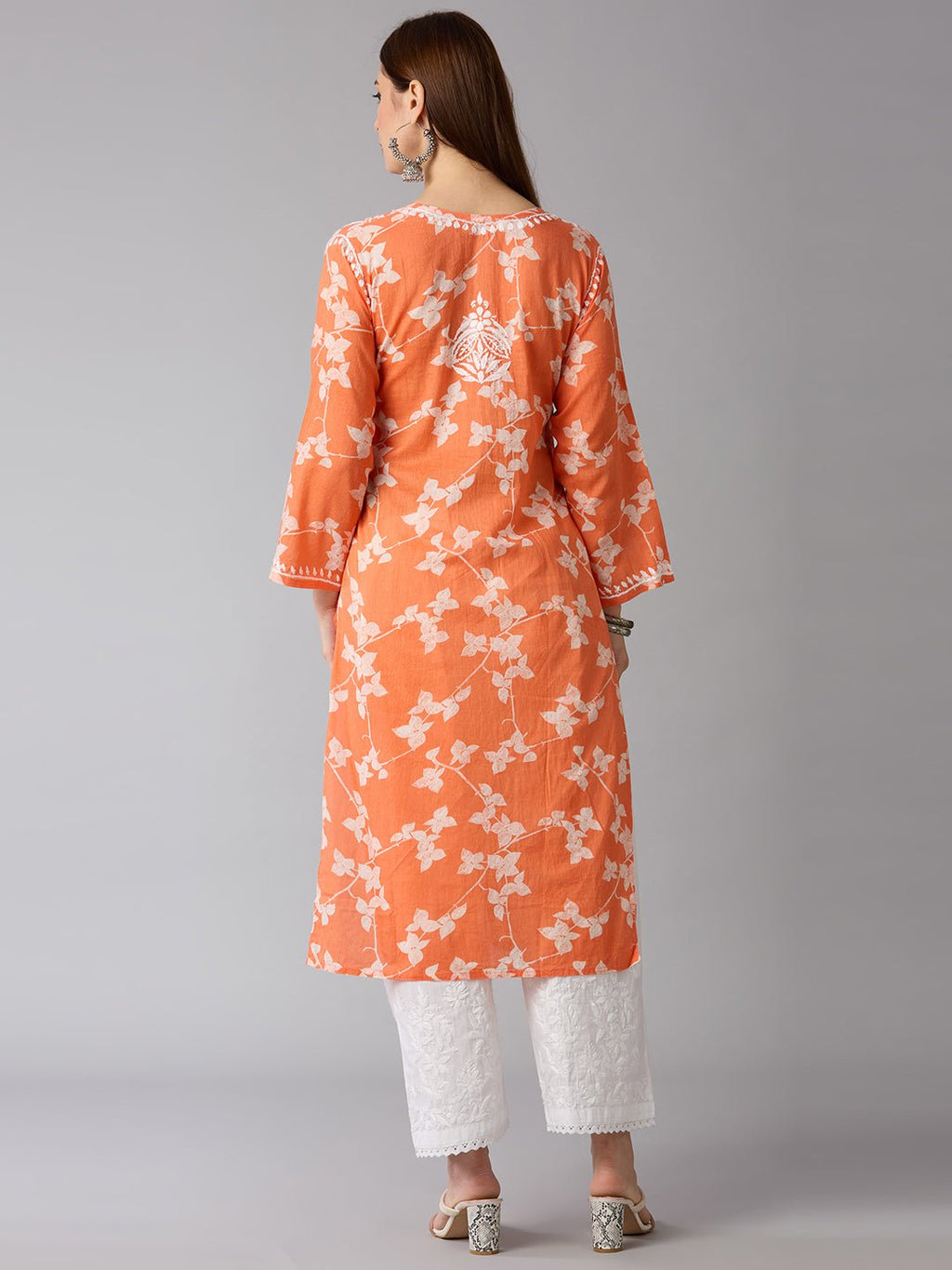 Lucknow Chikankari Hand Embroidered Long Kurta Mulmul - Indiankala4u