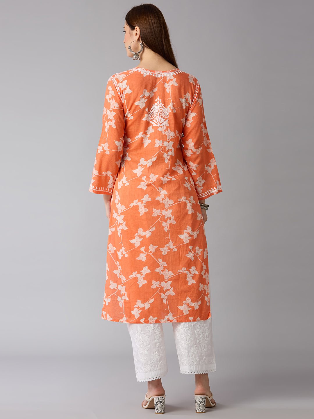 Lucknow Chikankari Hand Embroidered Long Kurta Mulmul - Indiankala4u