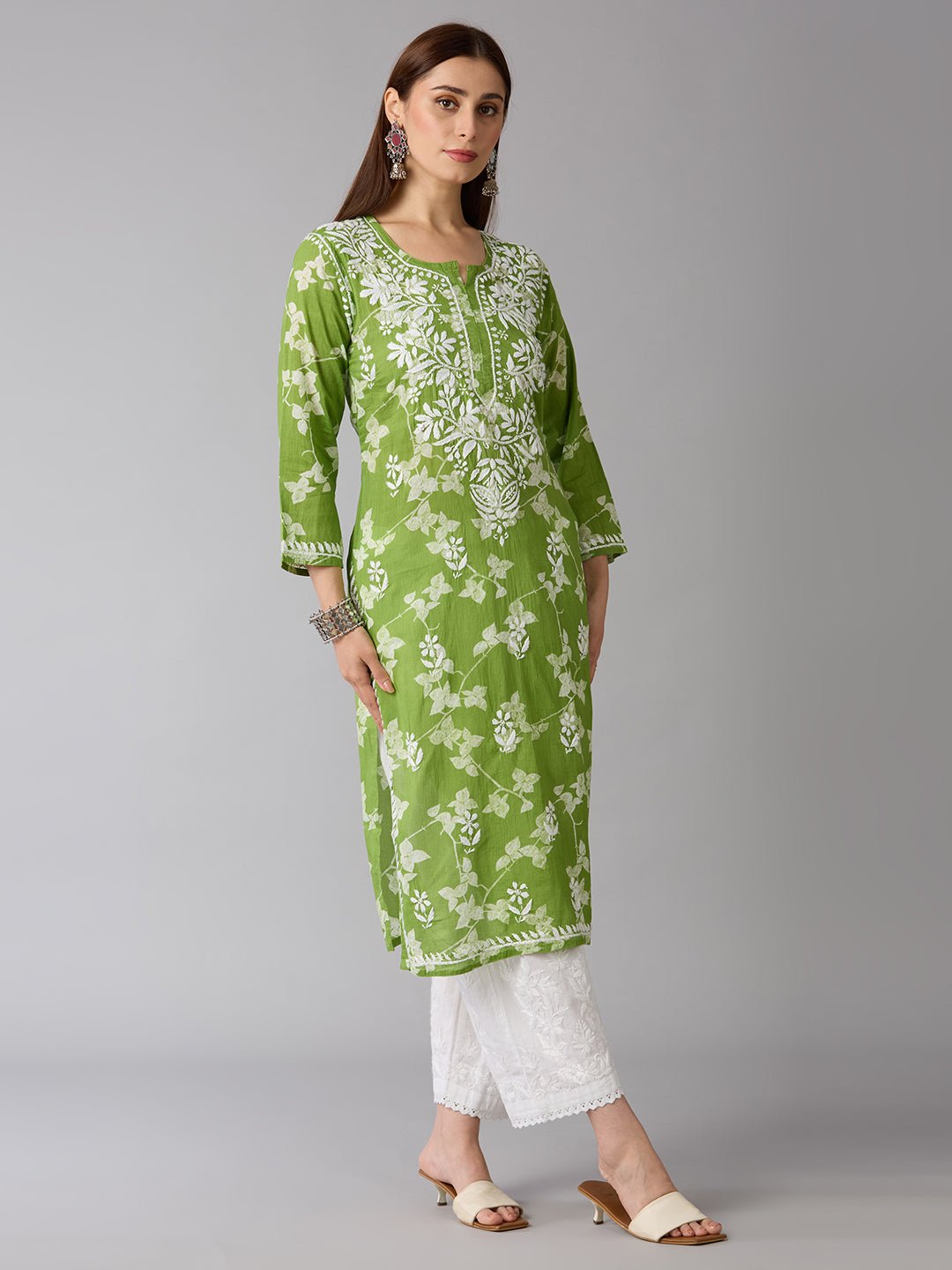 Lucknow Chikankari Hand Embroidered Long Kurta Mulmul - Indiankala4u