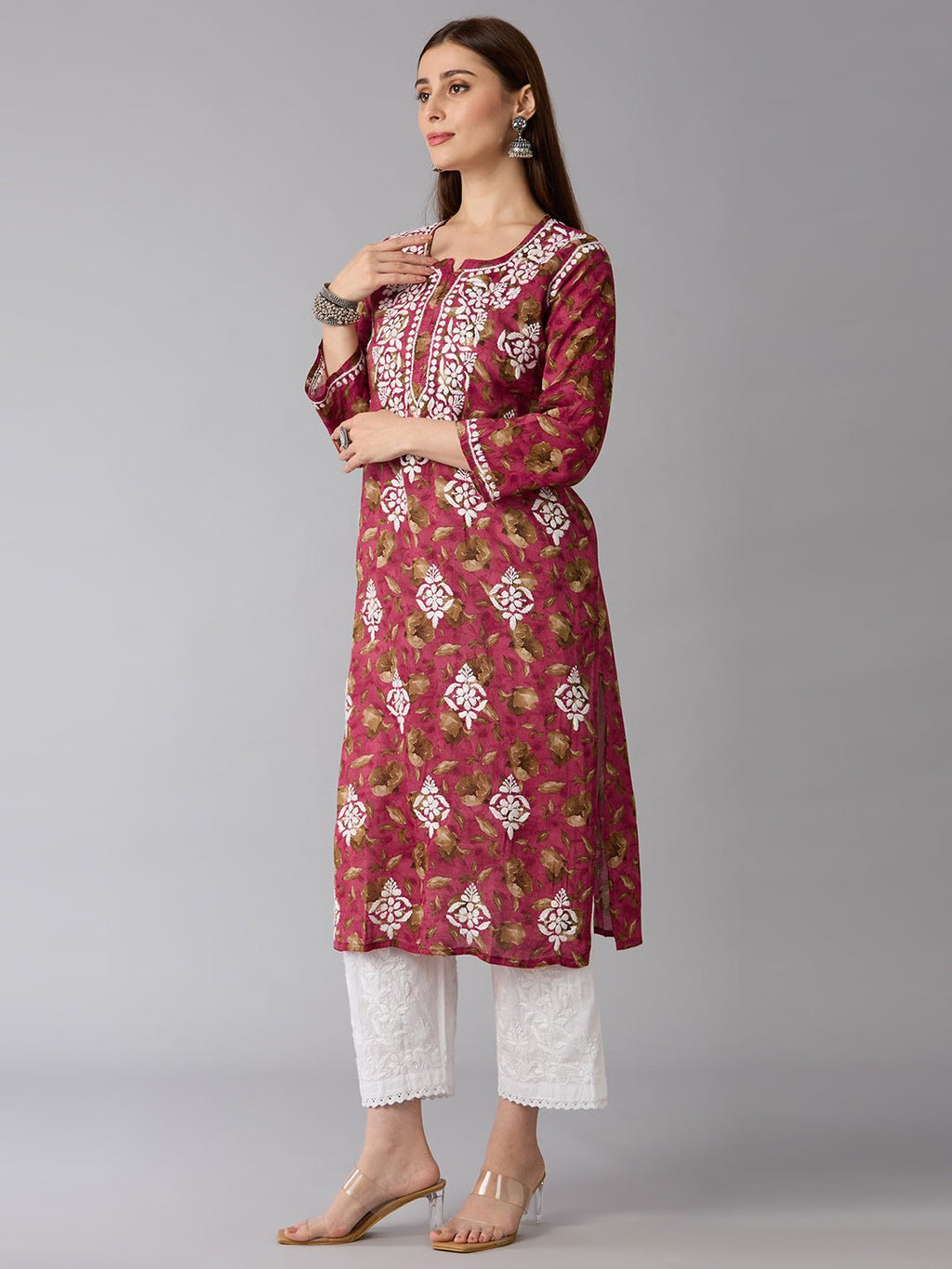 Lucknow Chikankari Hand Embroidered Long Kurta Mulmul - Indiankala4u