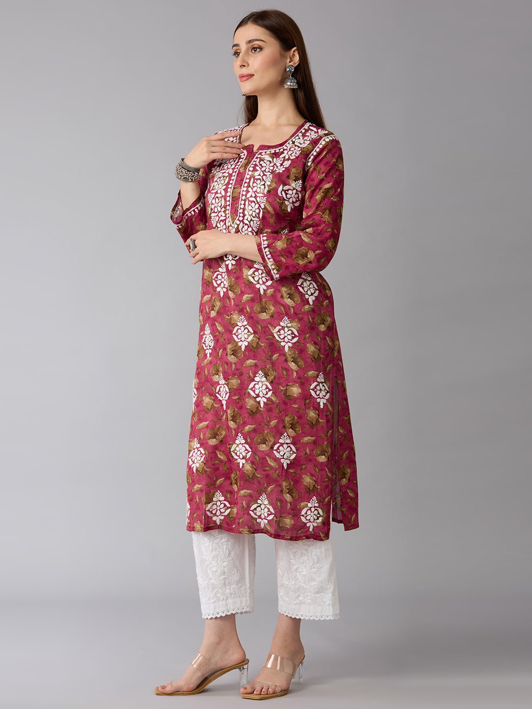 Lucknow Chikankari Hand Embroidered Long Kurta Mulmul - Indiankala4u