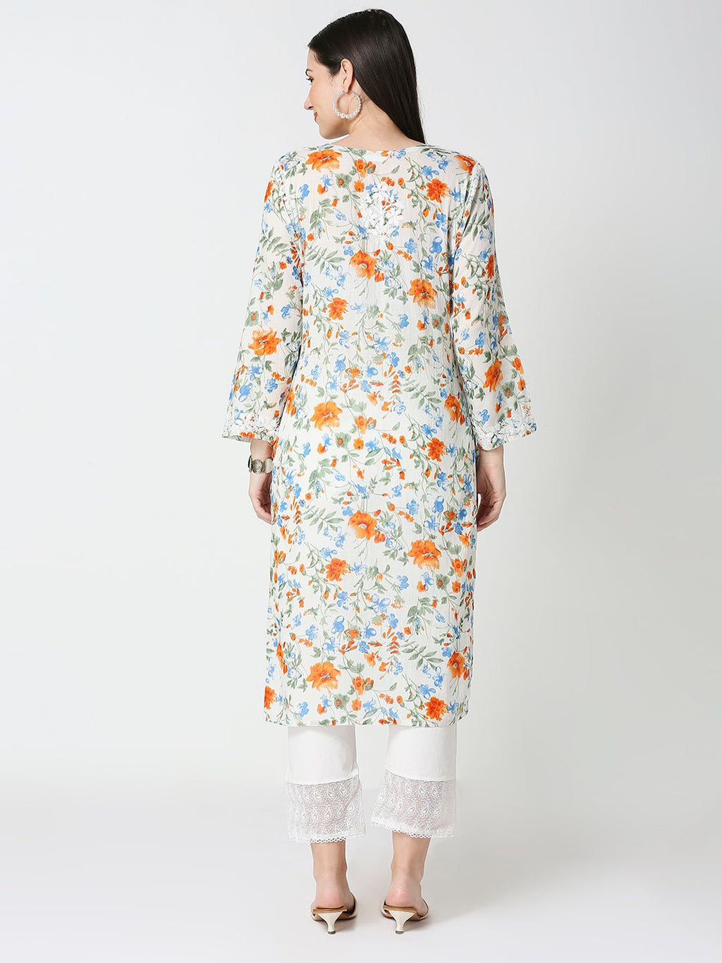 Lucknow Chikankari Hand Embroidered Long Kurta Mulmul - Indiankala4u