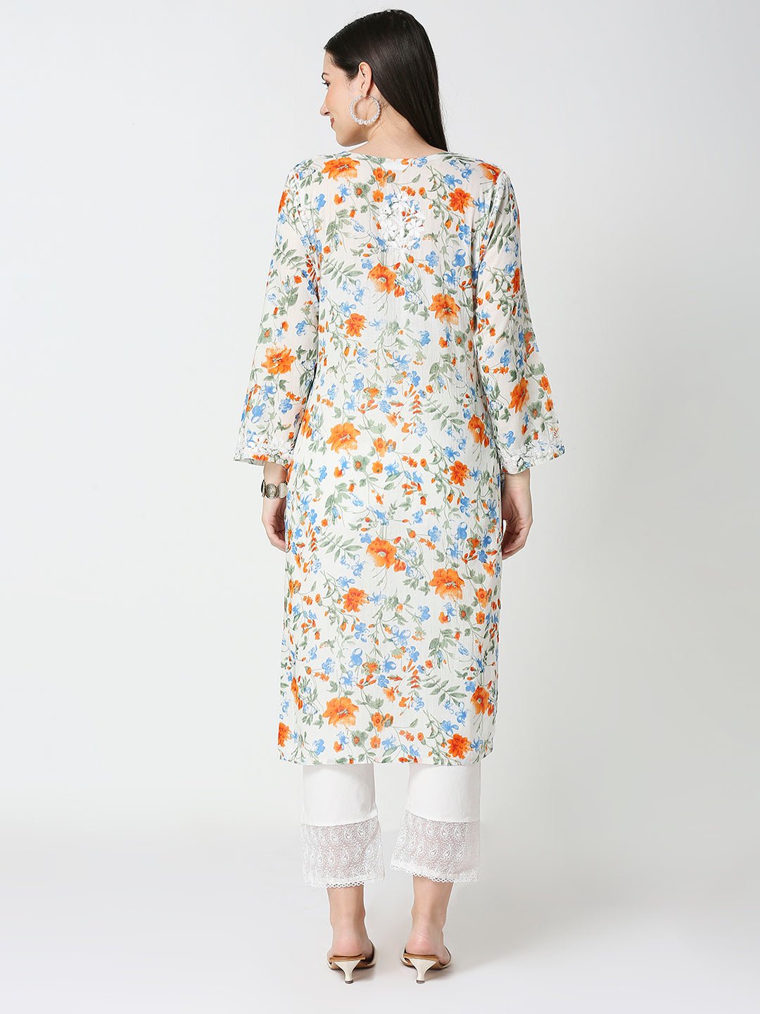 Lucknow Chikankari Hand Embroidered Long Kurta Mulmul - Indiankala4u