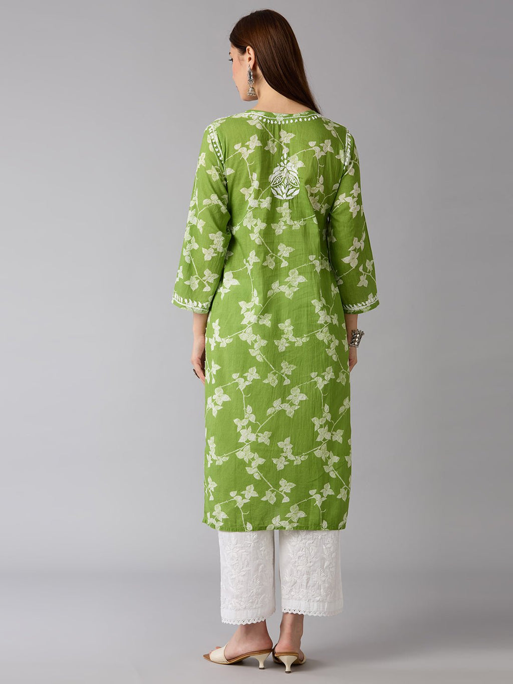 Lucknow Chikankari Hand Embroidered Long Kurta Mulmul - Indiankala4u