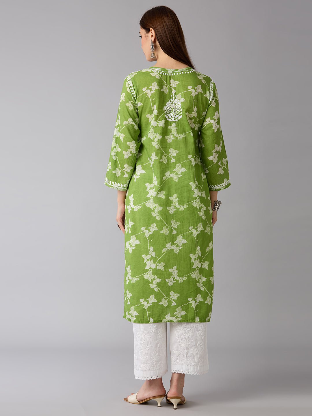 Lucknow Chikankari Hand Embroidered Long Kurta Mulmul - Indiankala4u
