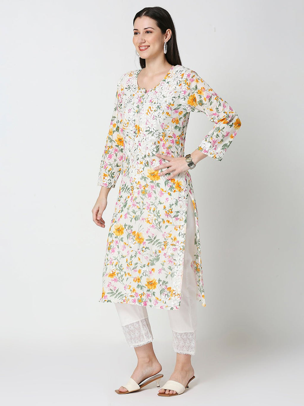 Lucknow Chikankari Hand Embroidered Long Kurta Mulmul - Indiankala4u