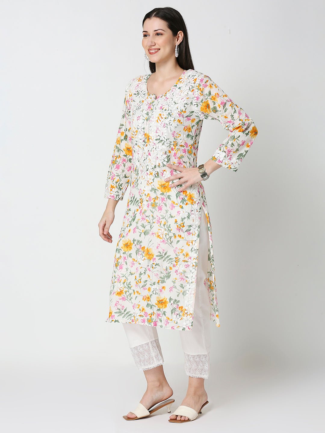 Lucknow Chikankari Hand Embroidered Long Kurta Mulmul - Indiankala4u