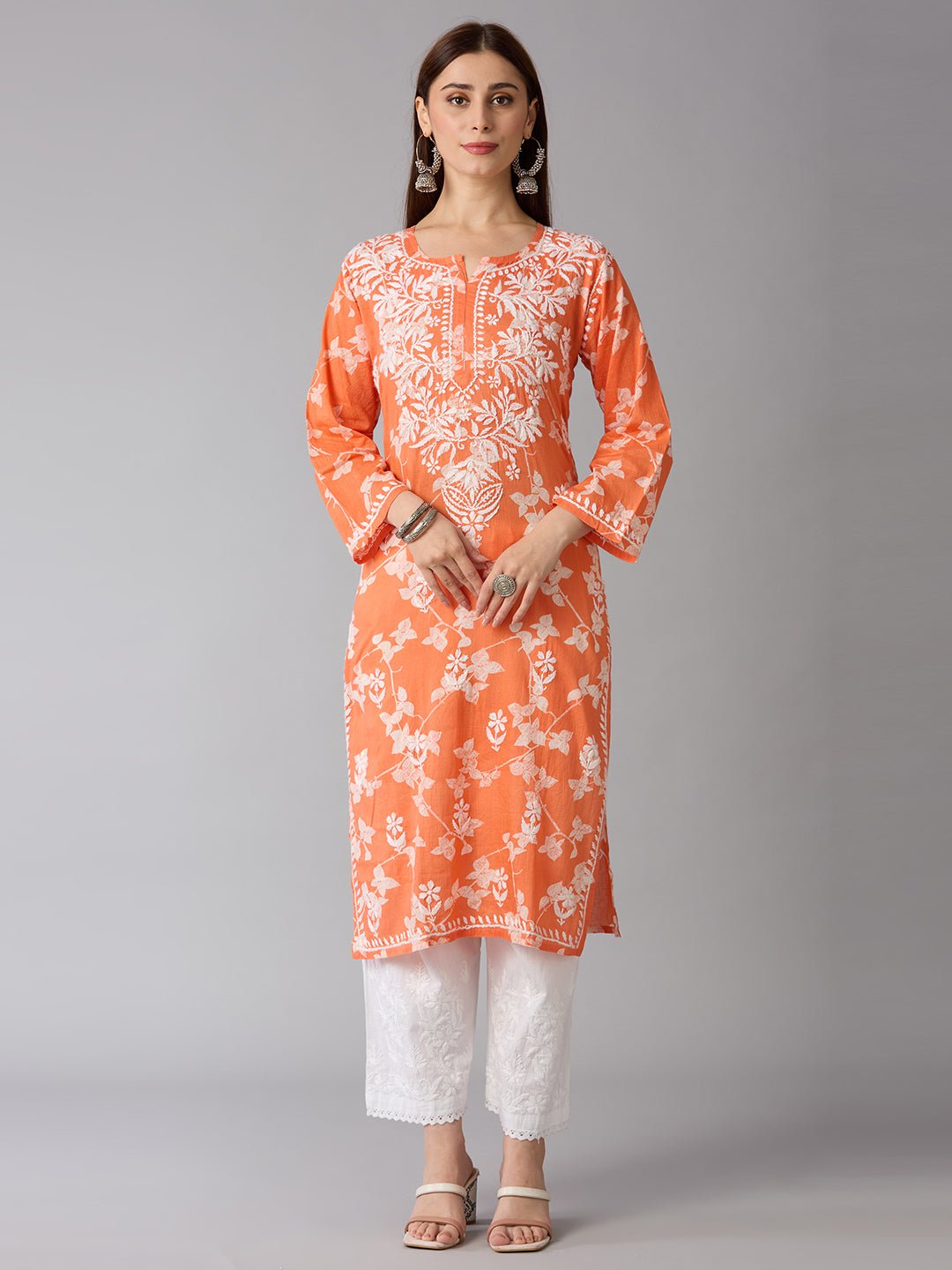 Lucknow Chikankari Hand Embroidered Long Kurta Mulmul - Indiankala4u