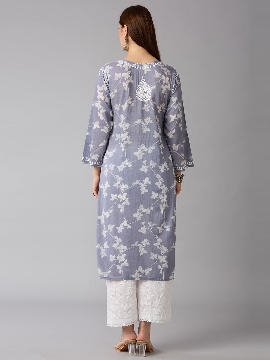Lucknow Chikankari Hand Embroidered Long Kurta Mulmul - Indiankala4u