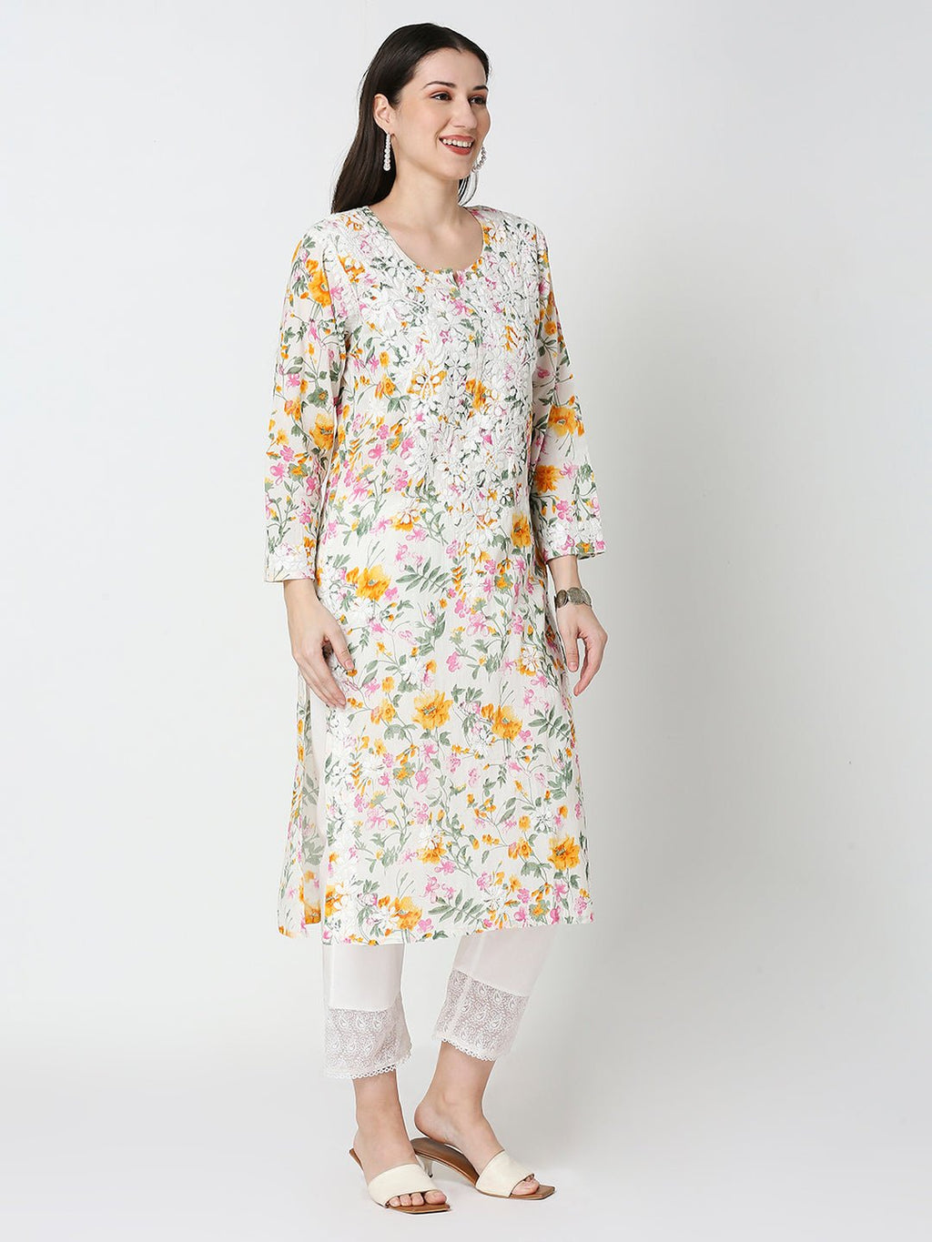 Lucknow Chikankari Hand Embroidered Long Kurta Mulmul - Indiankala4u