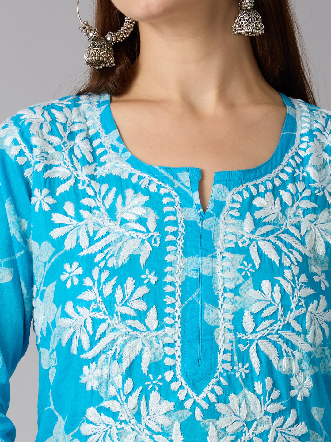 Lucknow Chikankari Hand Embroidered Long Kurta Mulmul - Indiankala4u