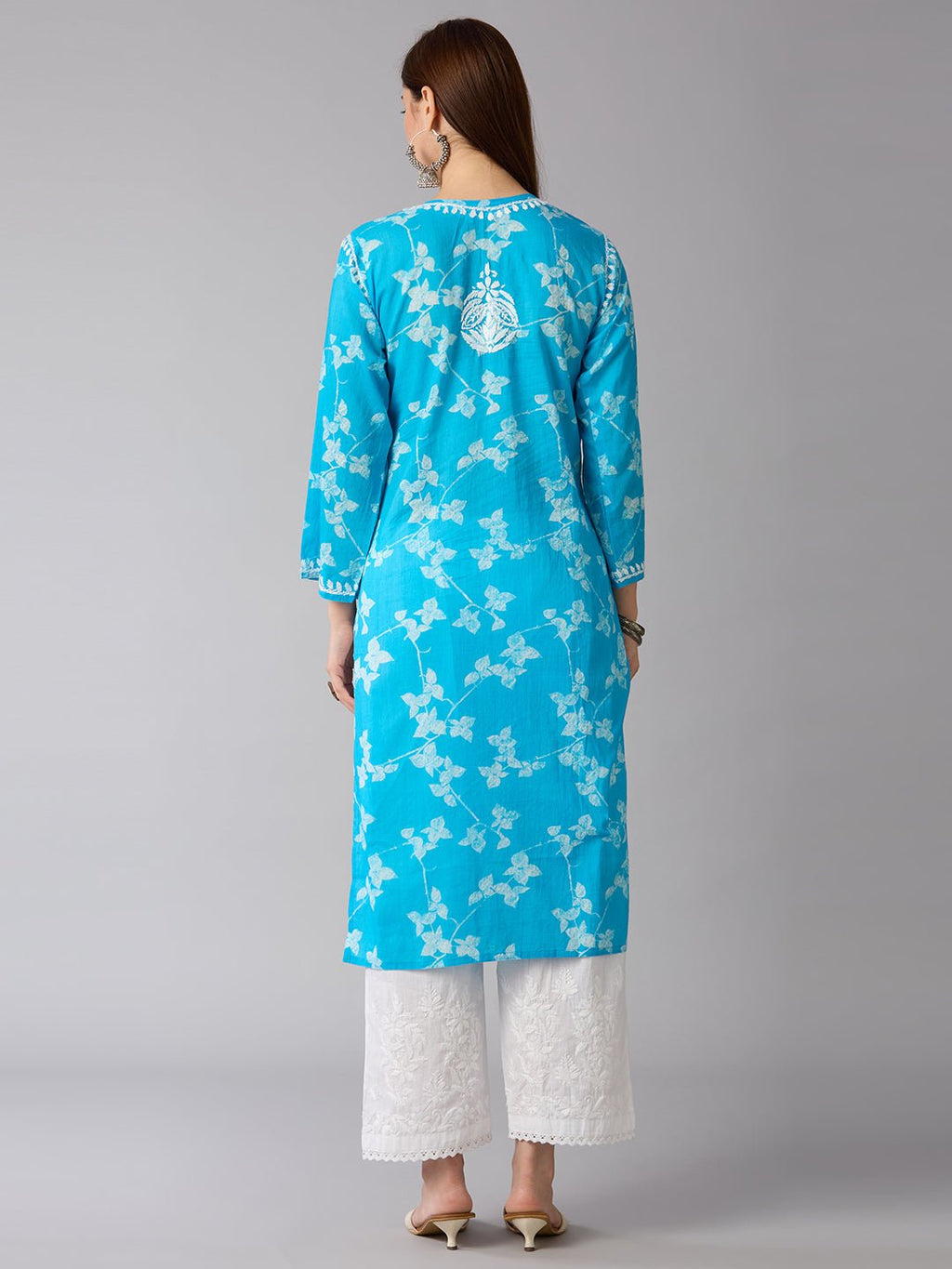Lucknow Chikankari Hand Embroidered Long Kurta Mulmul - Indiankala4u