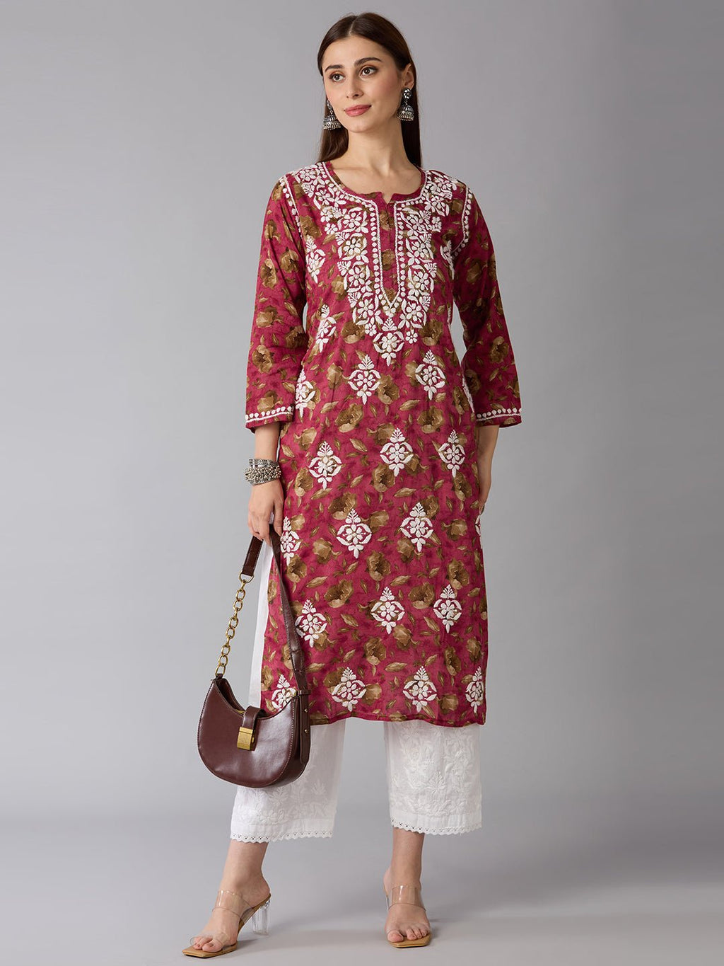 Lucknow Chikankari Hand Embroidered Long Kurta Mulmul - Indiankala4u