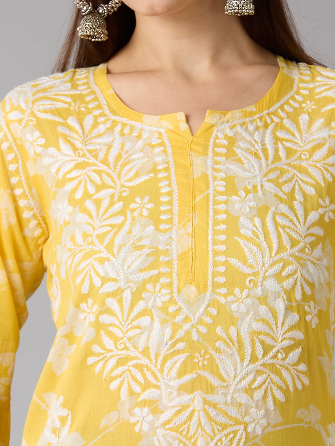 Lucknow Chikankari Hand Embroidered Long Kurta Mulmul - Indiankala4u