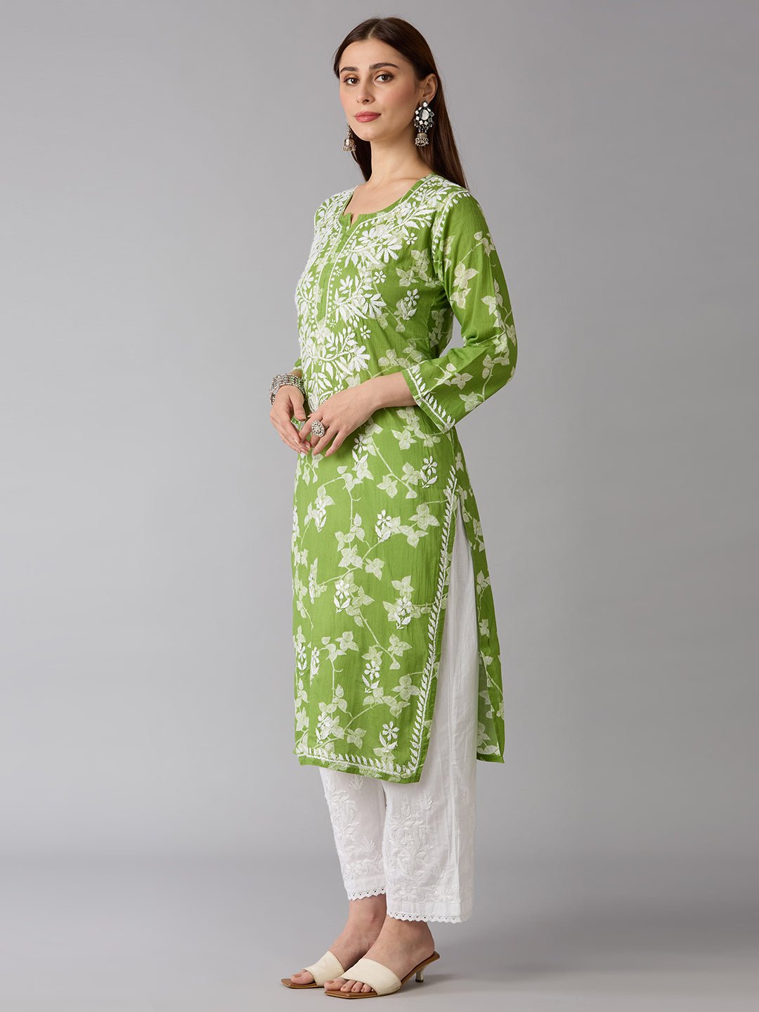 Lucknow Chikankari Hand Embroidered Long Kurta Mulmul - Indiankala4u