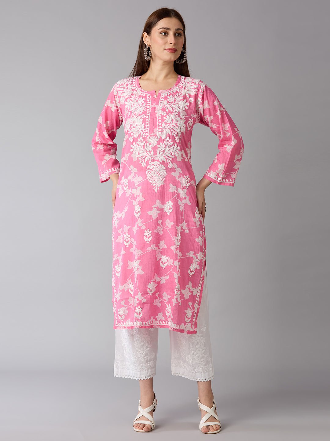 Lucknow Chikankari Hand Embroidered Long Kurta Mulmul - Indiankala4u