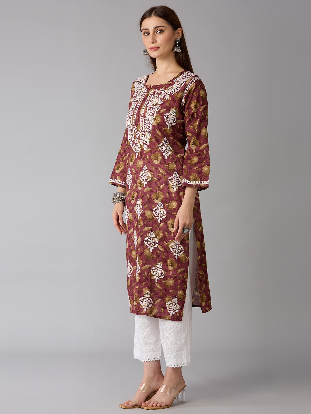 Lucknow Chikankari Hand Embroidered Long Kurta Mulmul - Indiankala4u
