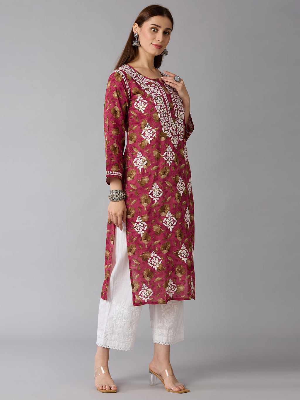 Lucknow Chikankari Hand Embroidered Long Kurta Mulmul - Indiankala4u