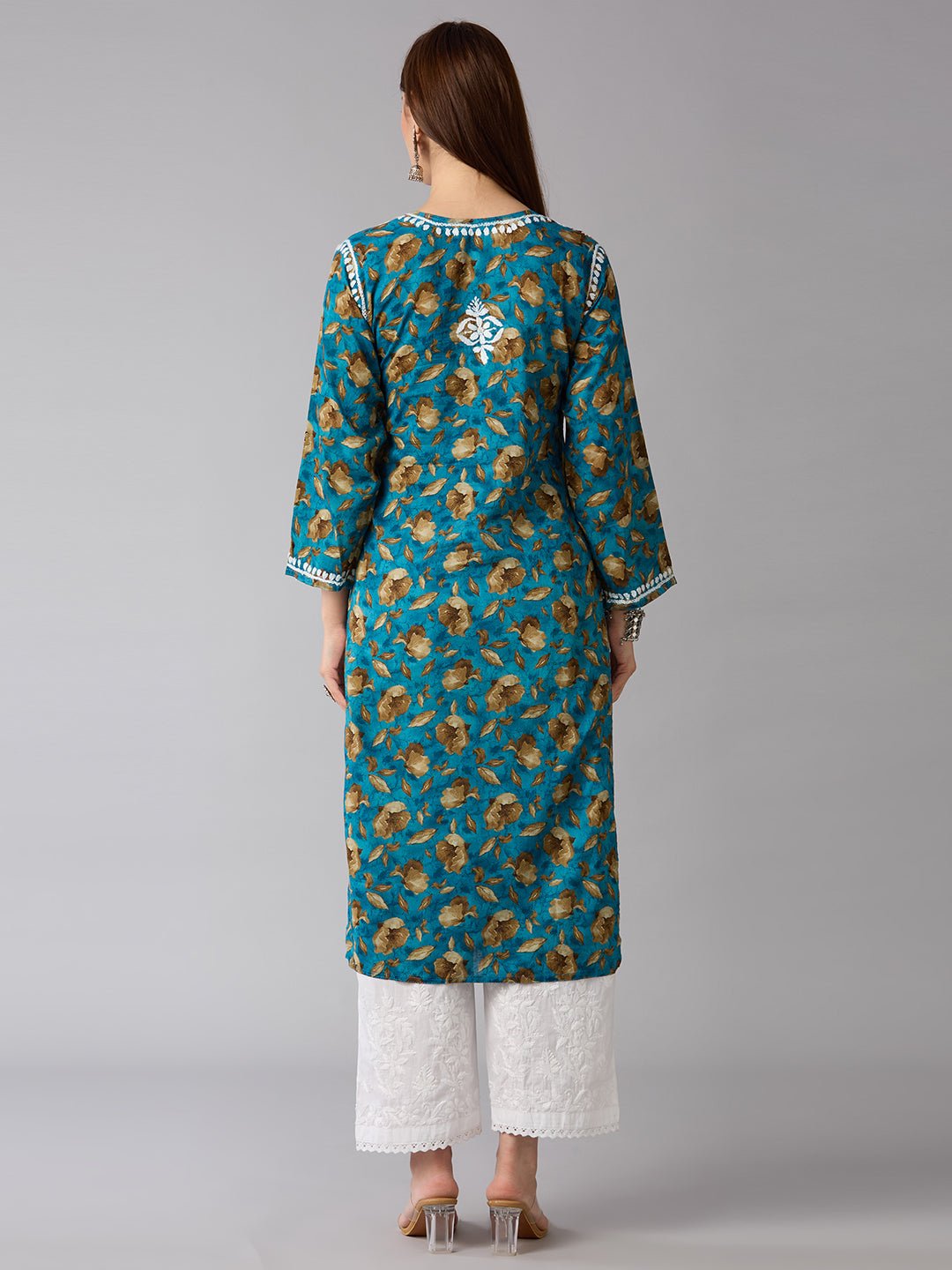 Lucknow Chikankari Hand Embroidered Long Kurta Mulmul - Indiankala4u