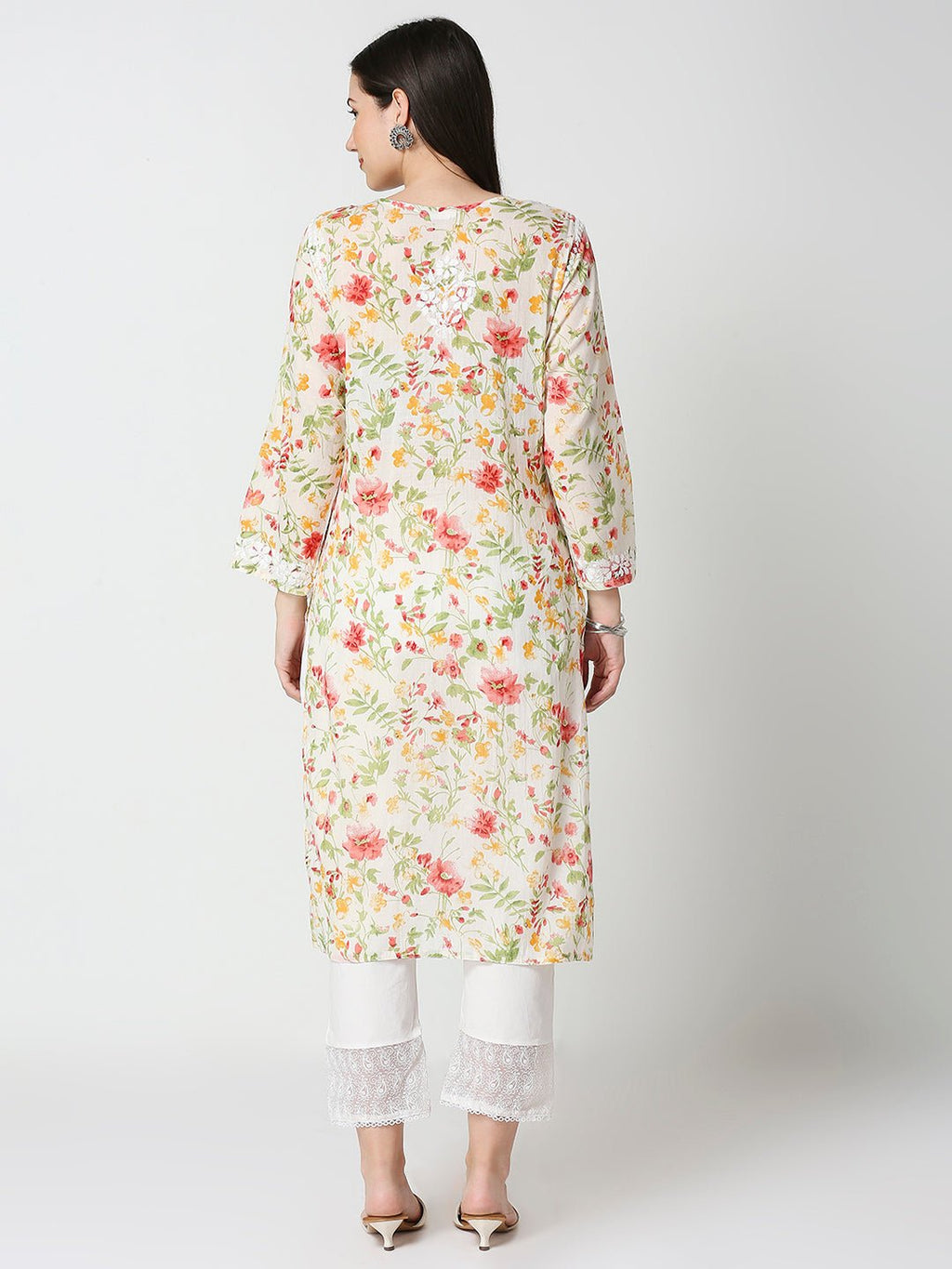 Lucknow Chikankari Hand Embroidered Long Kurta Mulmul - Indiankala4u