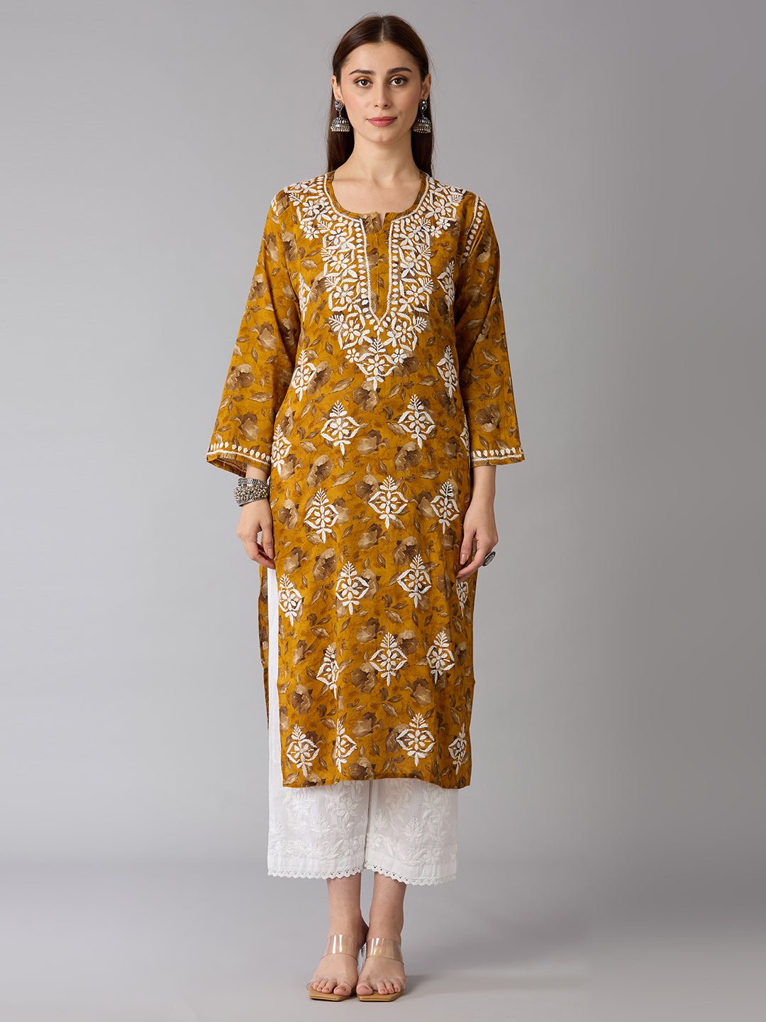 Lucknow Chikankari Hand Embroidered Long Kurta Mulmul - Indiankala4u