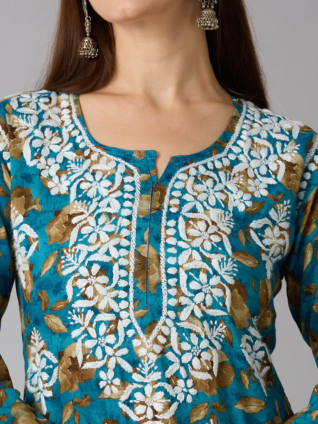 Lucknow Chikankari Hand Embroidered Long Kurta Mulmul - Indiankala4u