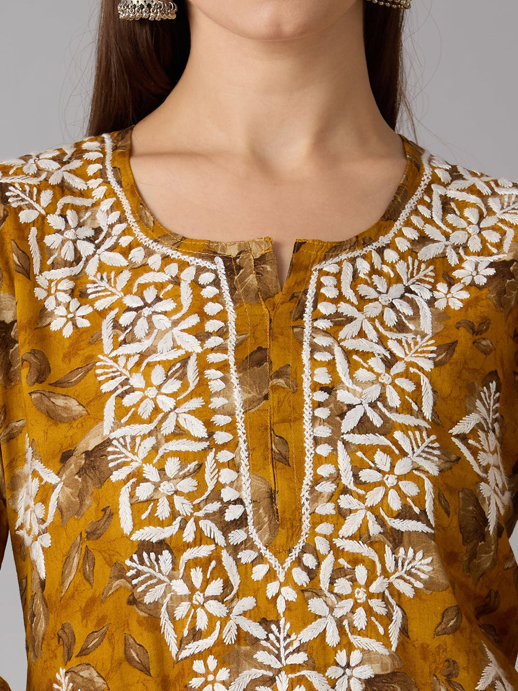 Lucknow Chikankari Hand Embroidered Long Kurta Mulmul - Indiankala4u