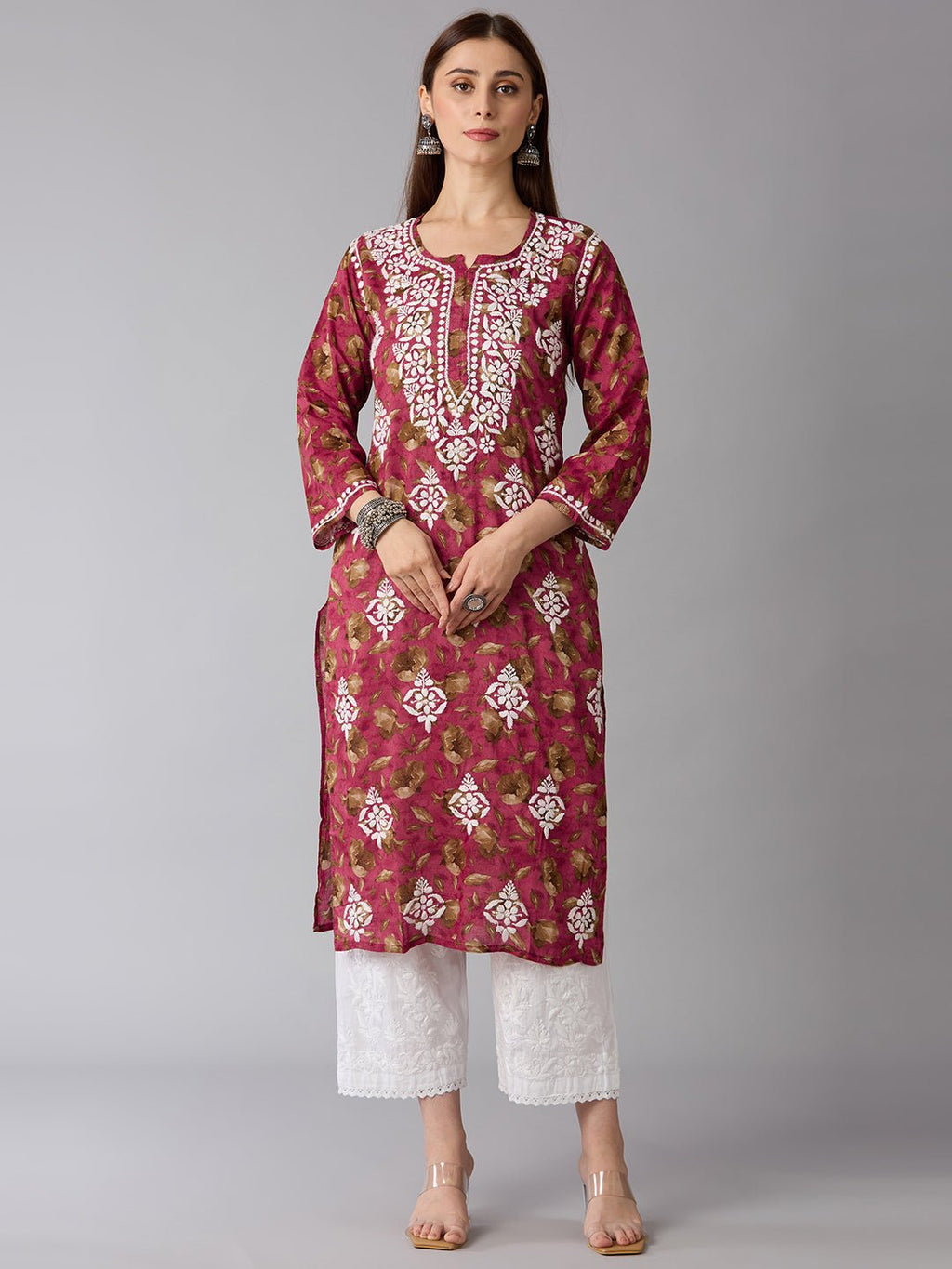 Lucknow Chikankari Hand Embroidered Long Kurta Mulmul - Indiankala4u