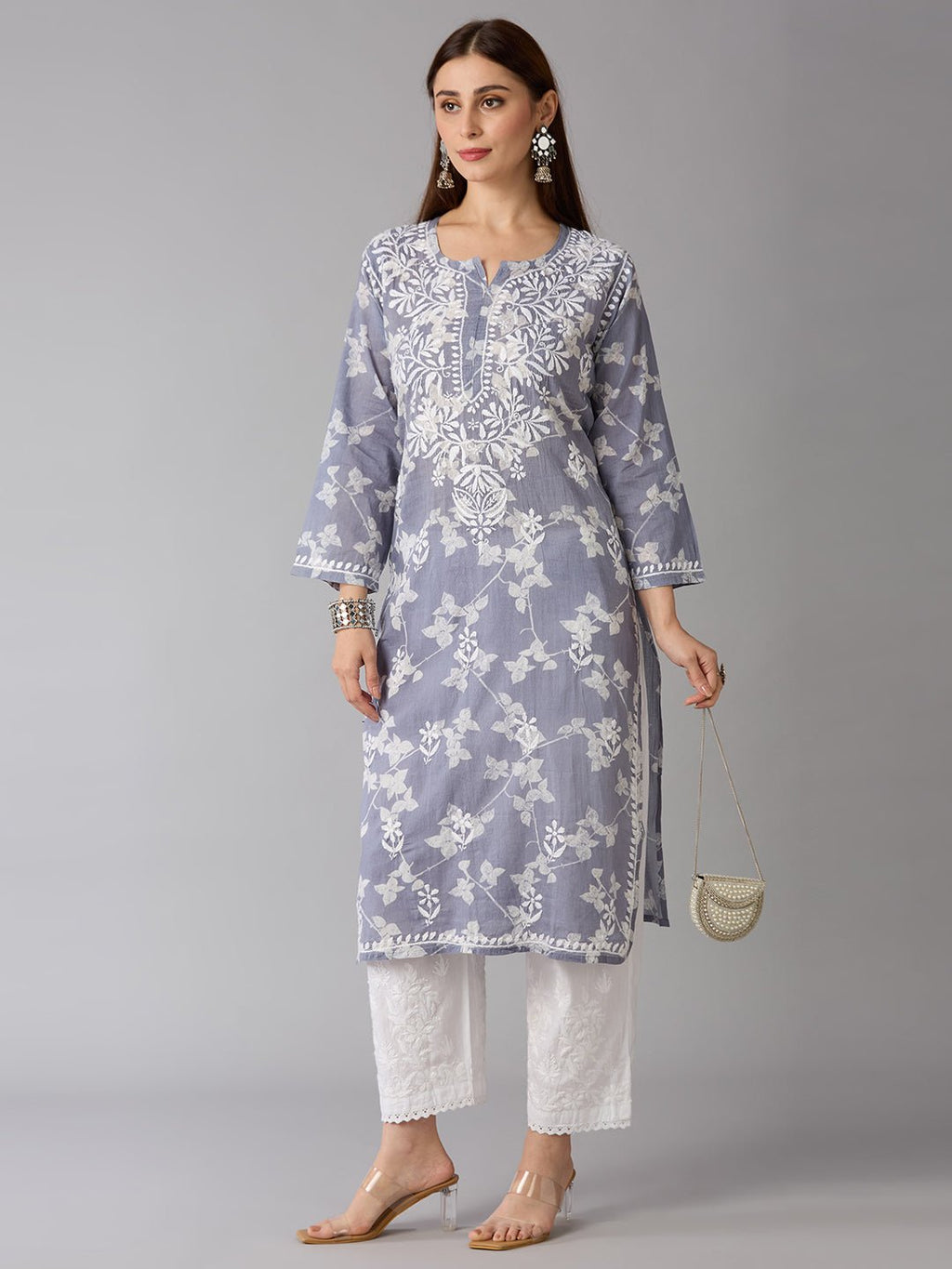 Lucknow Chikankari Hand Embroidered Long Kurta Mulmul - Indiankala4u