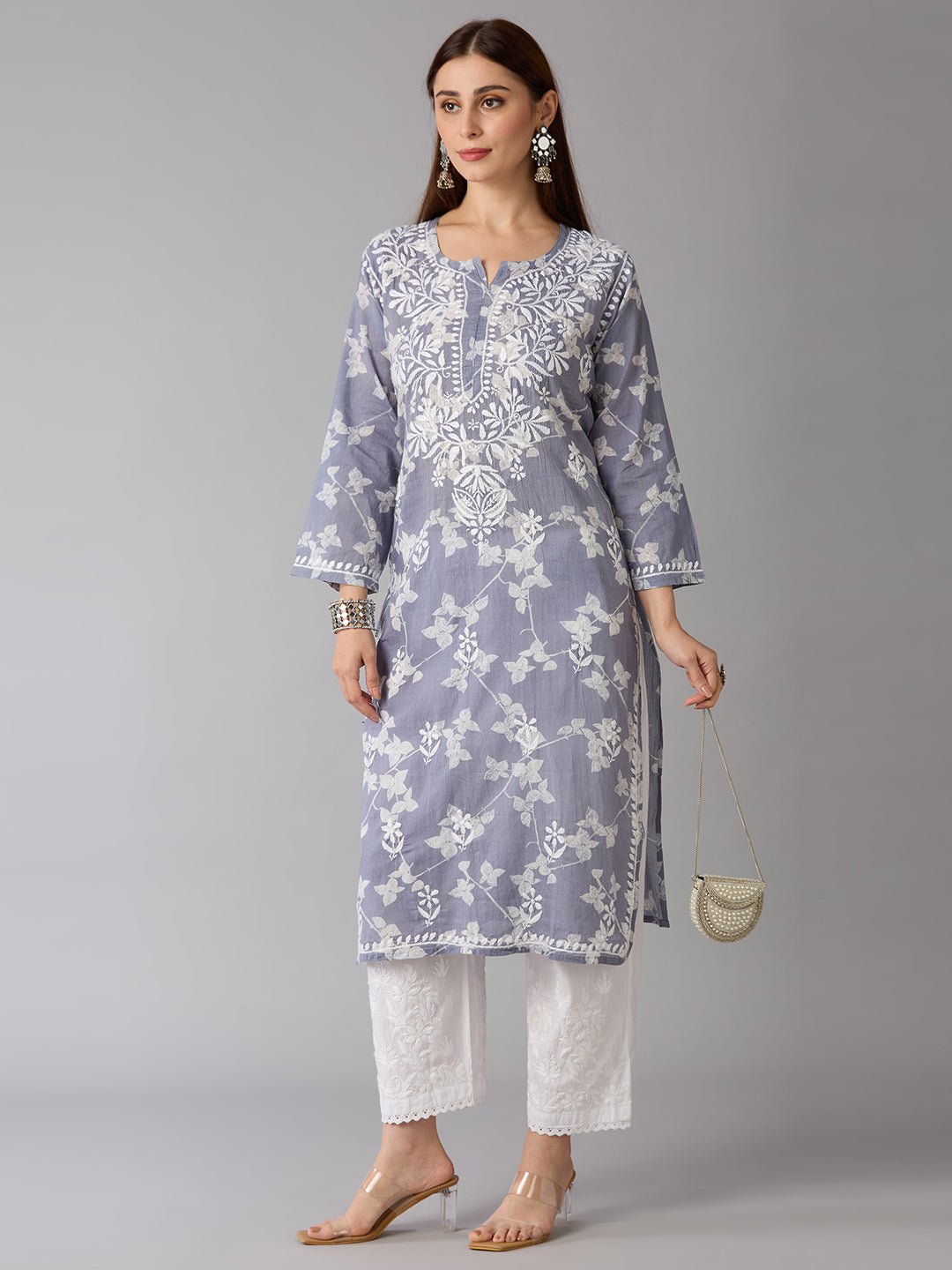 Lucknow Chikankari Hand Embroidered Long Kurta Mulmul - Indiankala4u