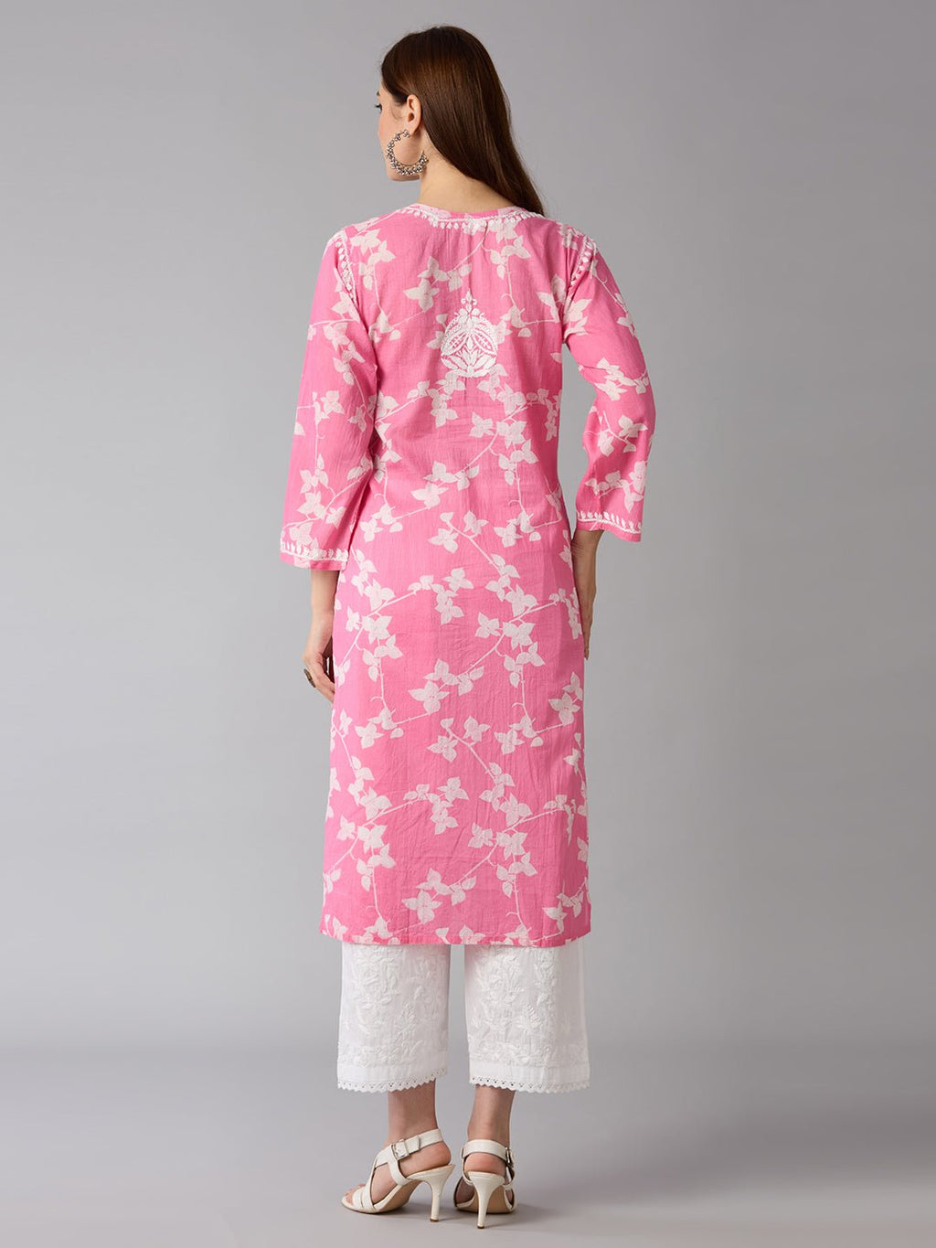 Lucknow Chikankari Hand Embroidered Long Kurta Mulmul - Indiankala4u