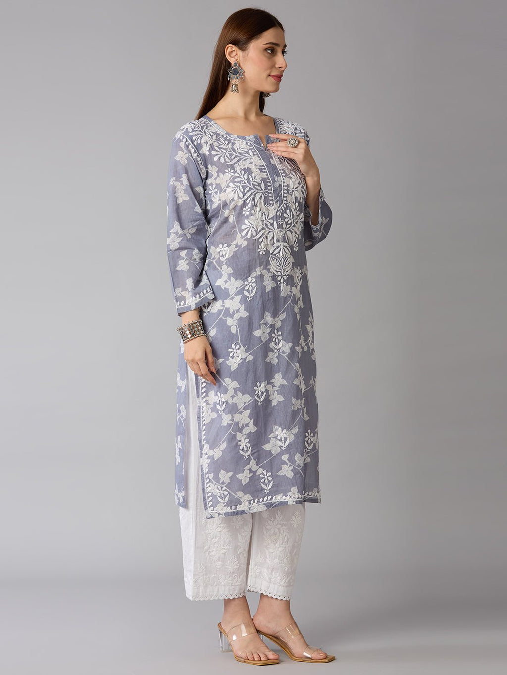 Lucknow Chikankari Hand Embroidered Long Kurta Mulmul - Indiankala4u