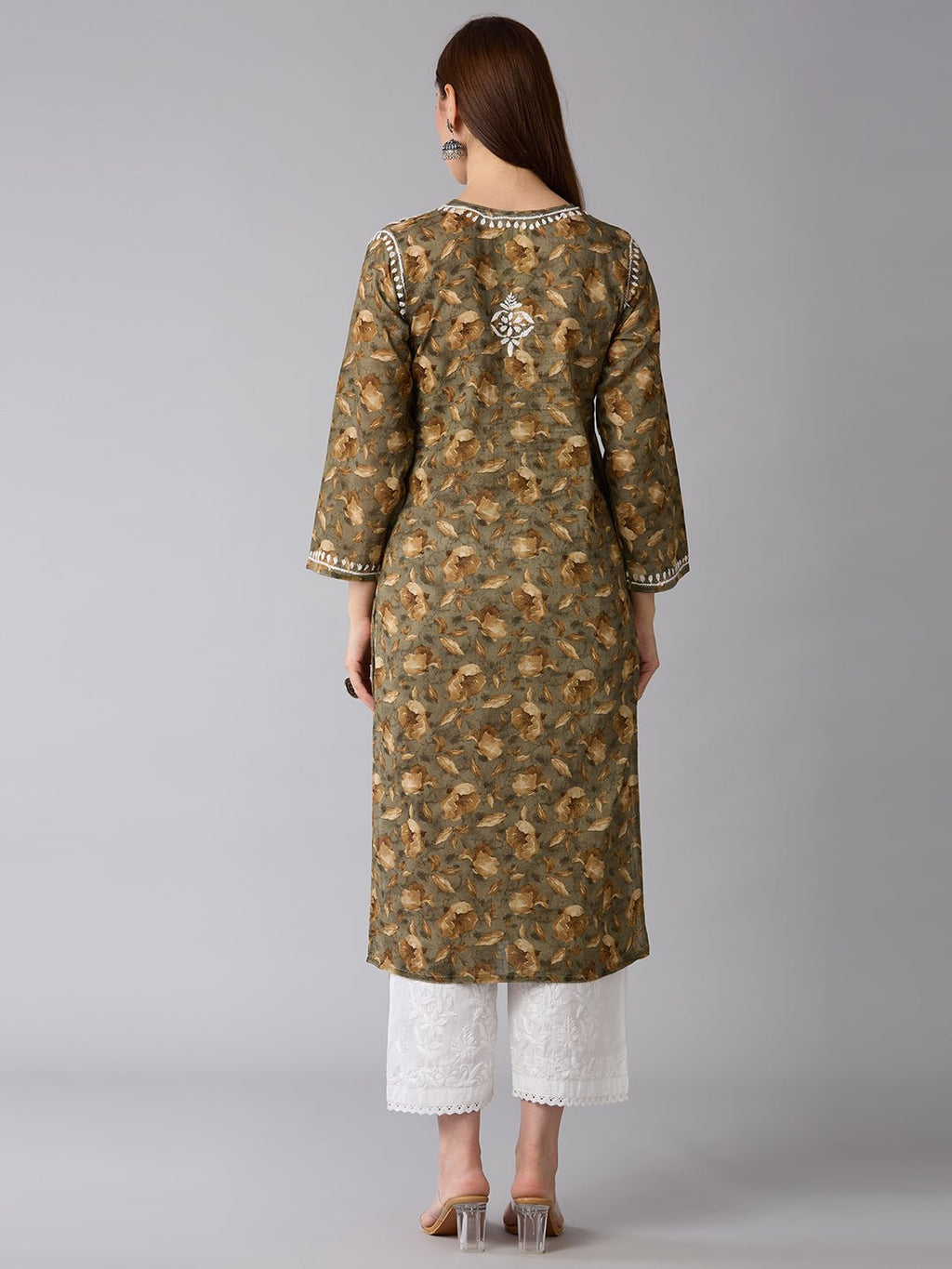 Lucknow Chikankari Hand Embroidered Long Kurta Mulmul - Indiankala4u