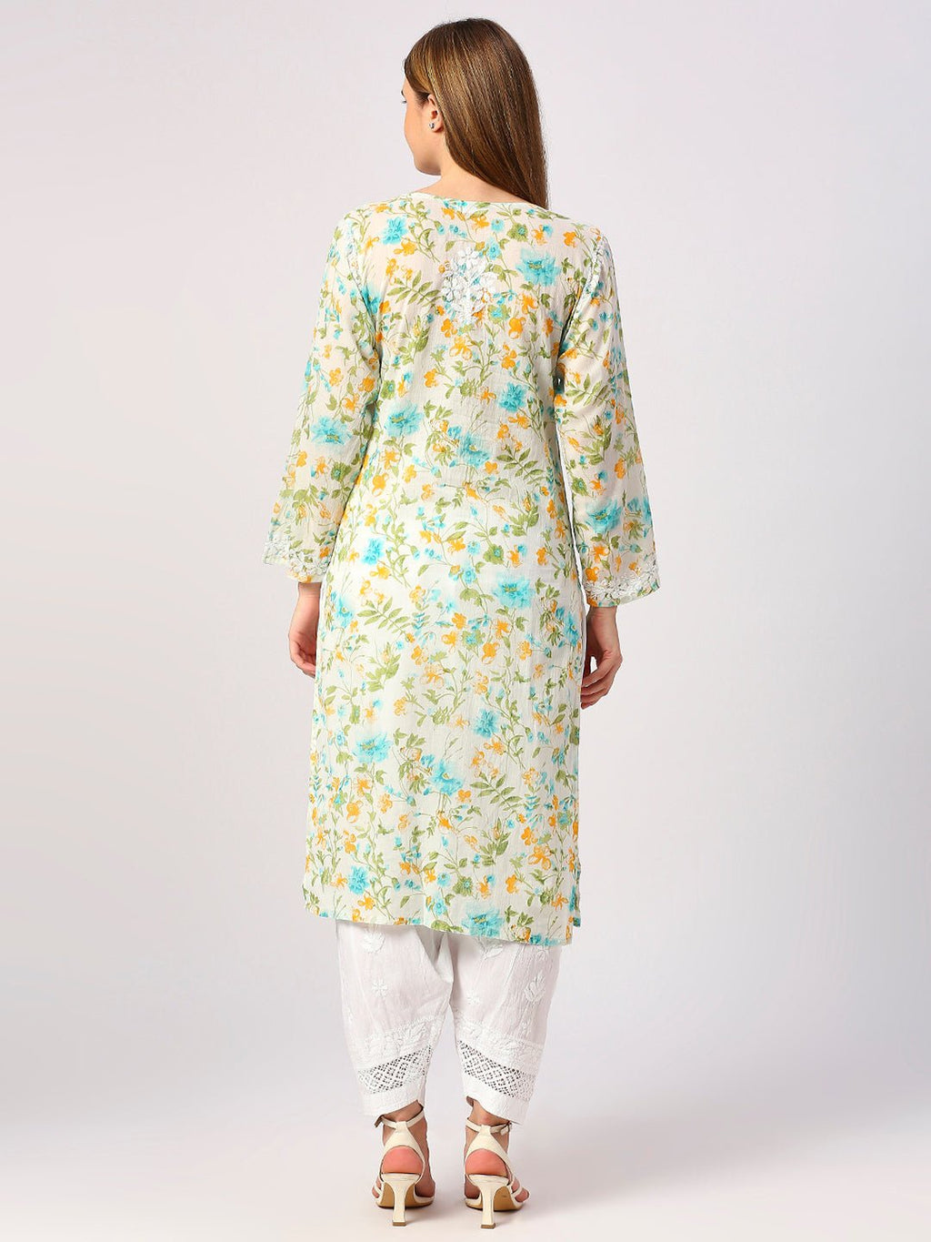 Lucknow Chikankari Hand Embroidered Long Kurta Mulmul - Indiankala4u