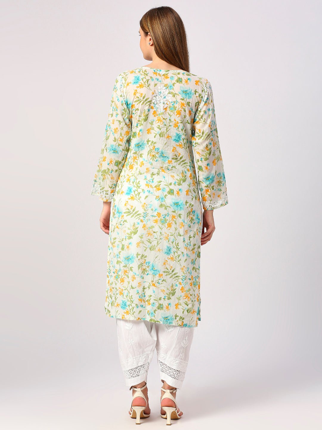 Lucknow Chikankari Hand Embroidered Long Kurta Mulmul - Indiankala4u