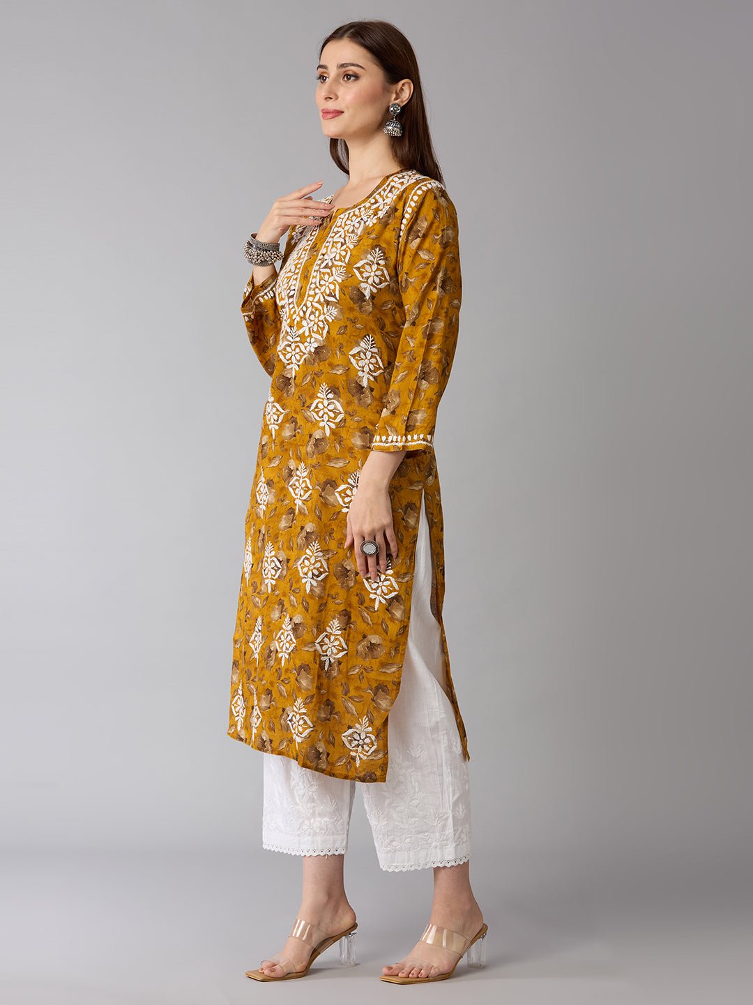 Lucknow Chikankari Hand Embroidered Long Kurta Mulmul - Indiankala4u