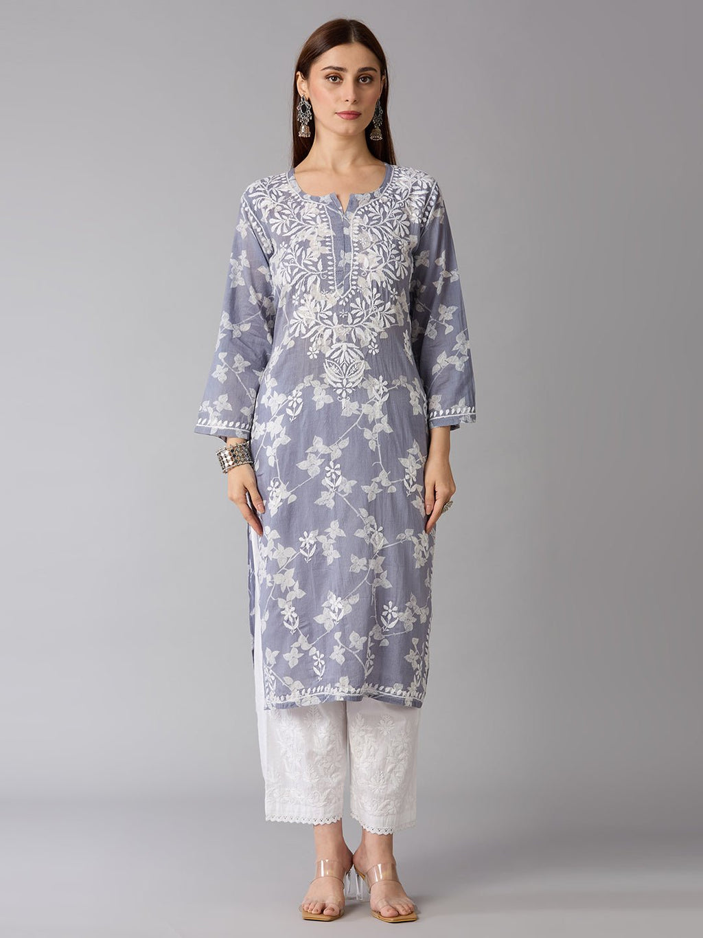 Lucknow Chikankari Hand Embroidered Long Kurta Mulmul - Indiankala4u