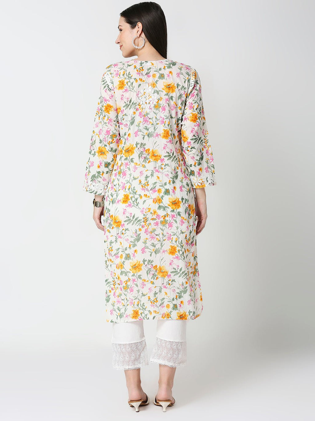 Lucknow Chikankari Hand Embroidered Long Kurta Mulmul - Indiankala4u