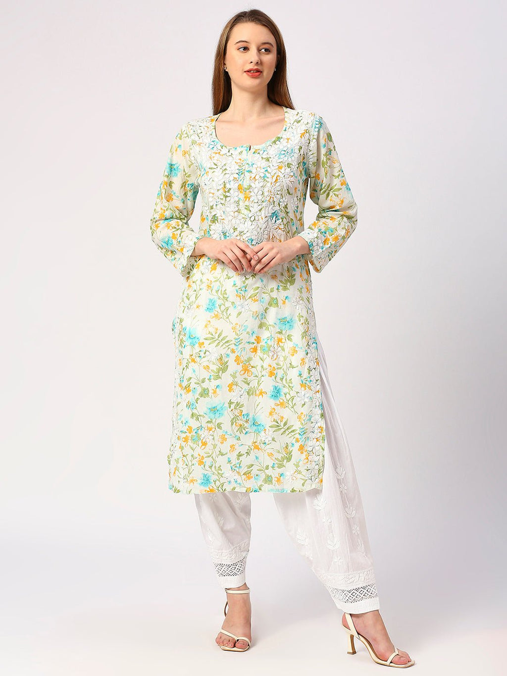 Lucknow Chikankari Hand Embroidered Long Kurta Mulmul - Indiankala4u