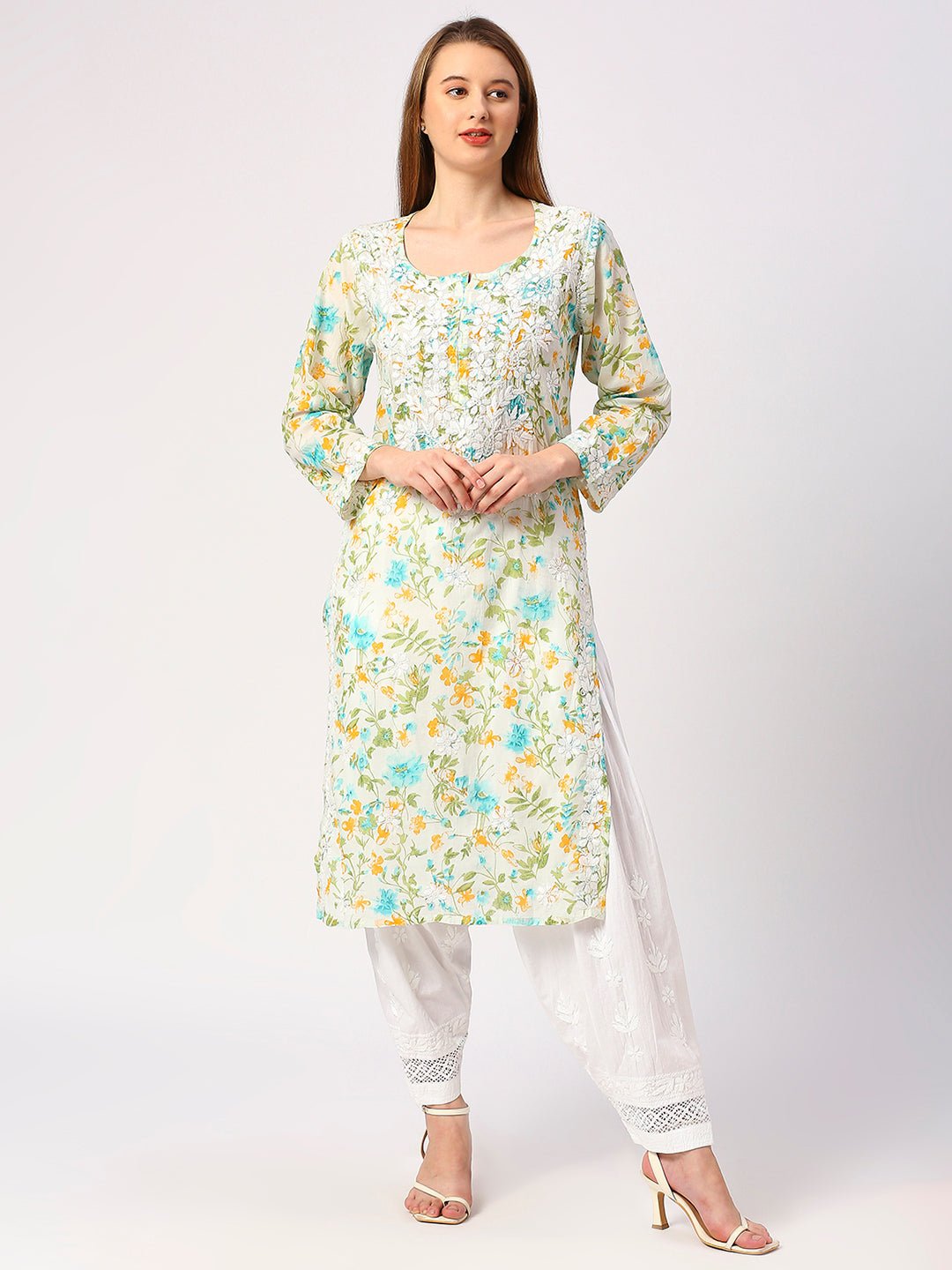 Lucknow Chikankari Hand Embroidered Long Kurta Mulmul - Indiankala4u