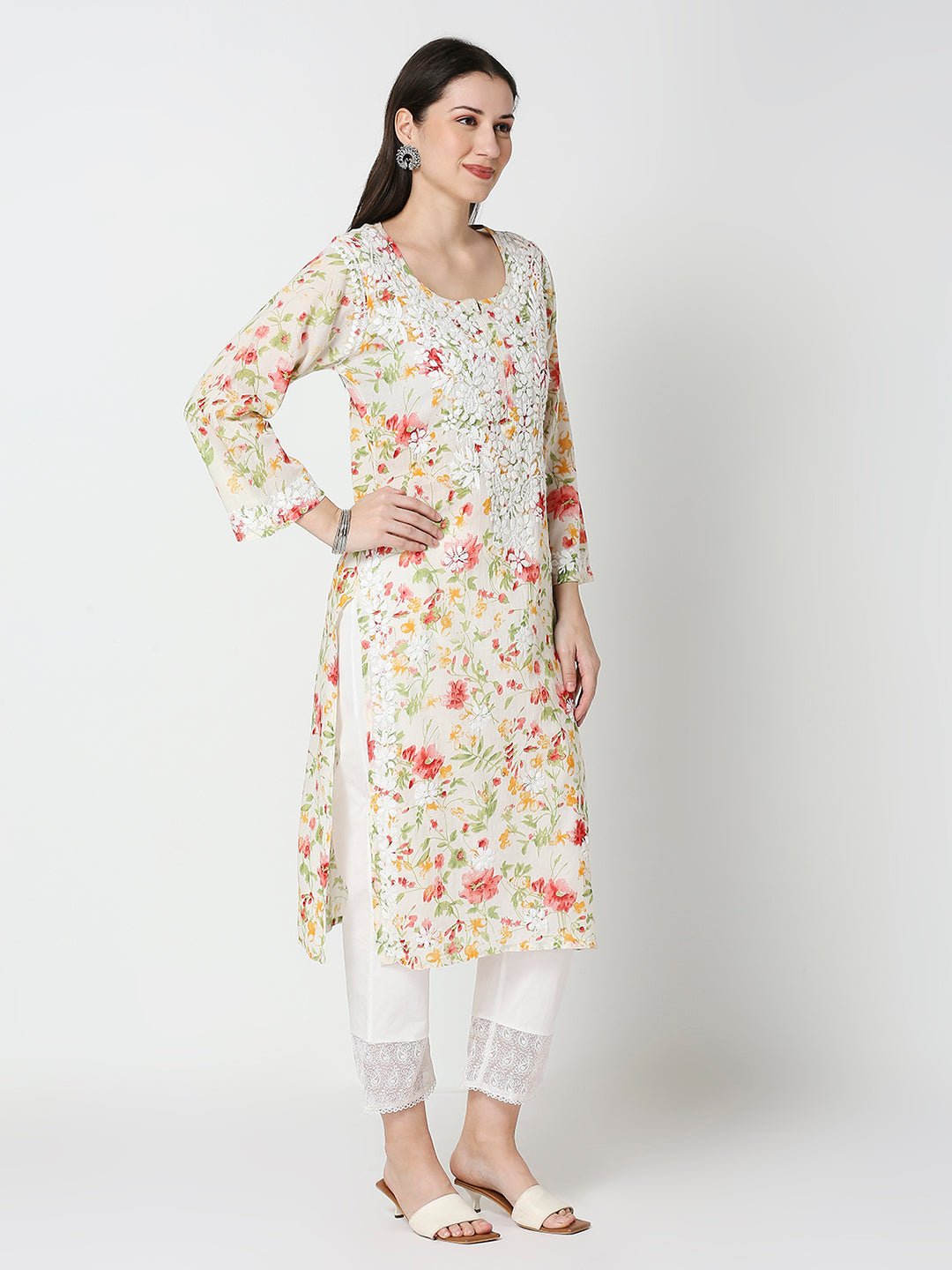 Lucknow Chikankari Hand Embroidered Long Kurta Mulmul - Indiankala4u