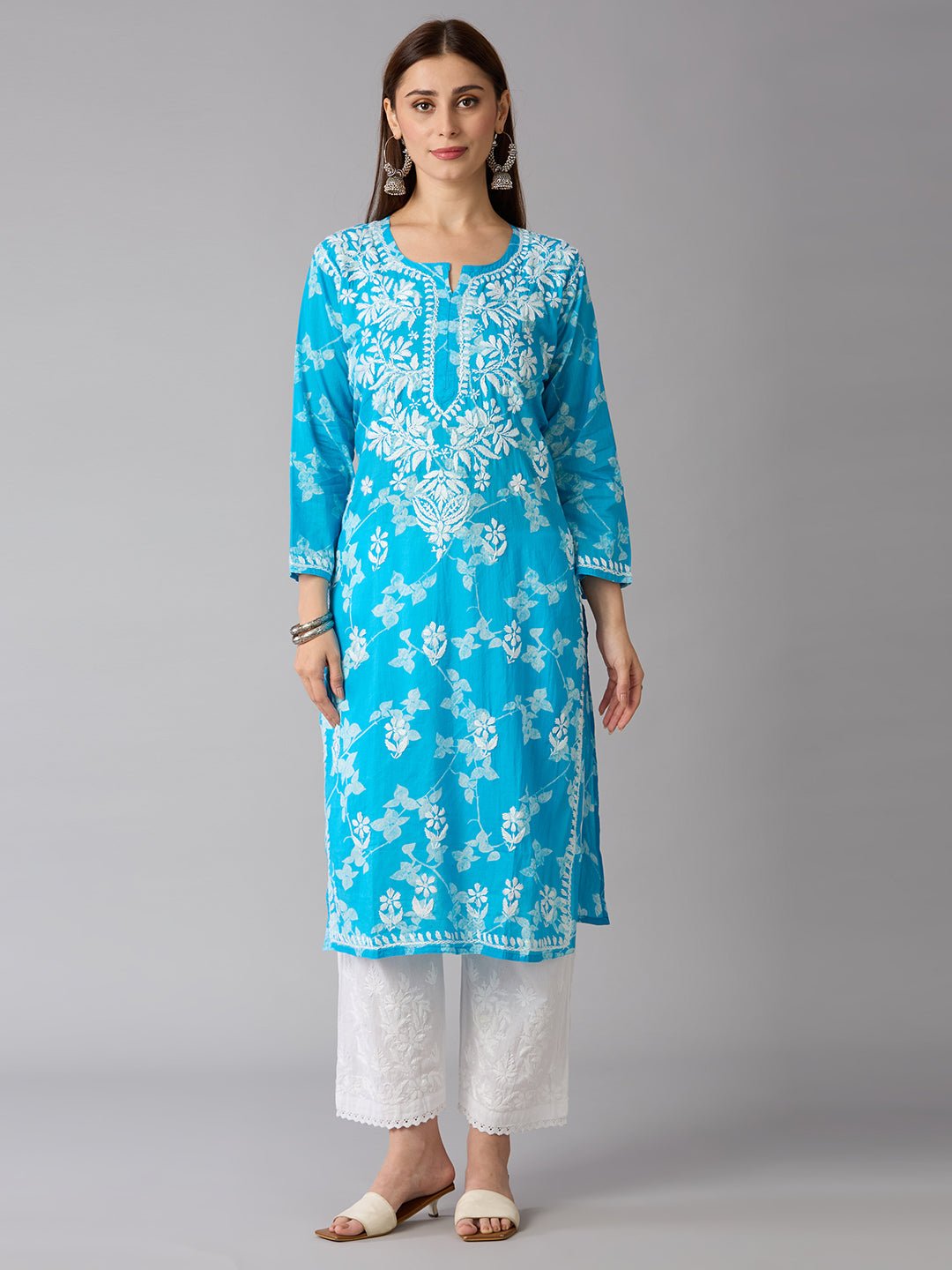 Lucknow Chikankari Hand Embroidered Long Kurta Mulmul - Indiankala4u